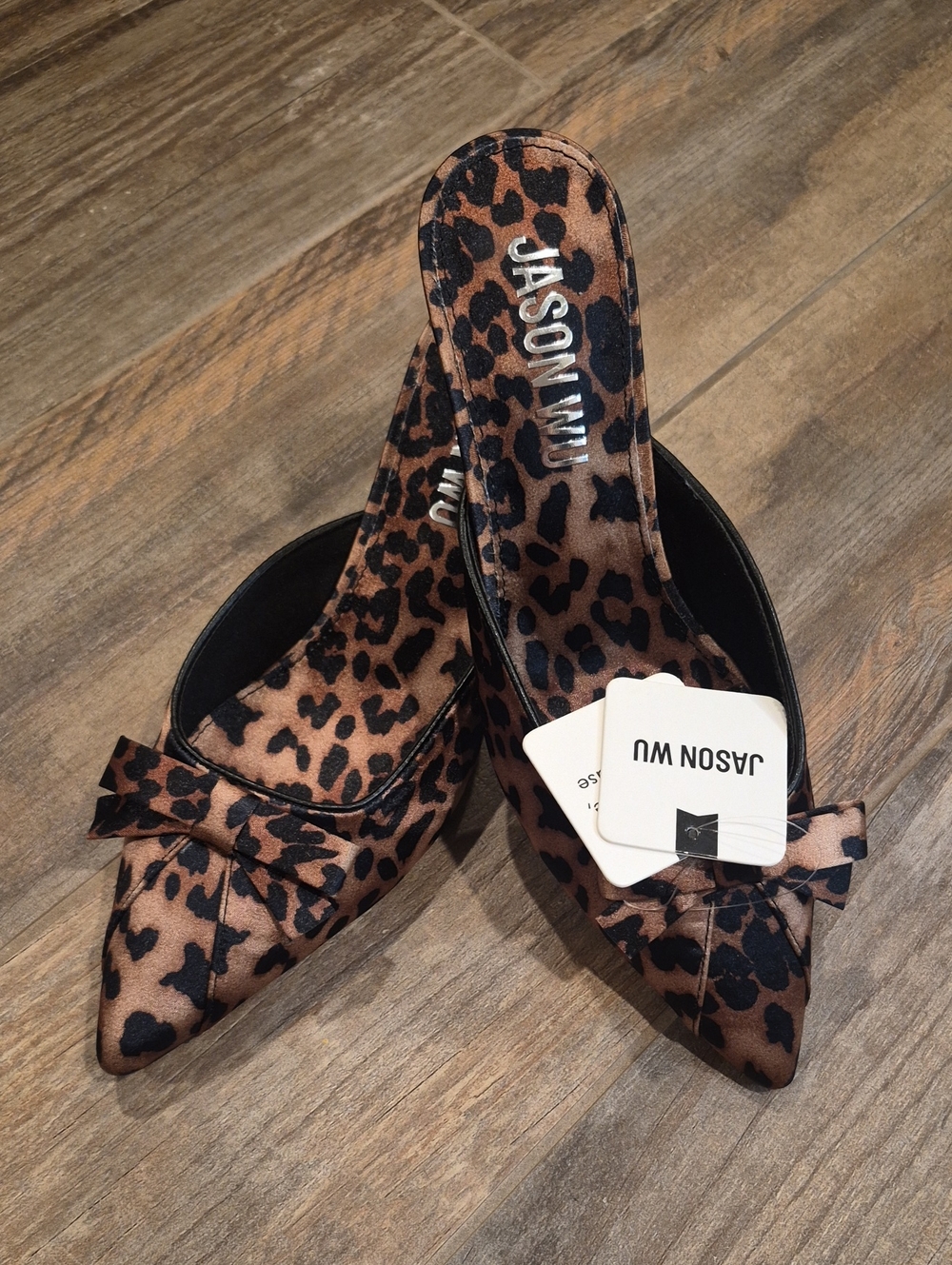 8/8.5 Wide Jason Wu Animal Leopard Print Pointed Toe Satin Kitten Heels Mules